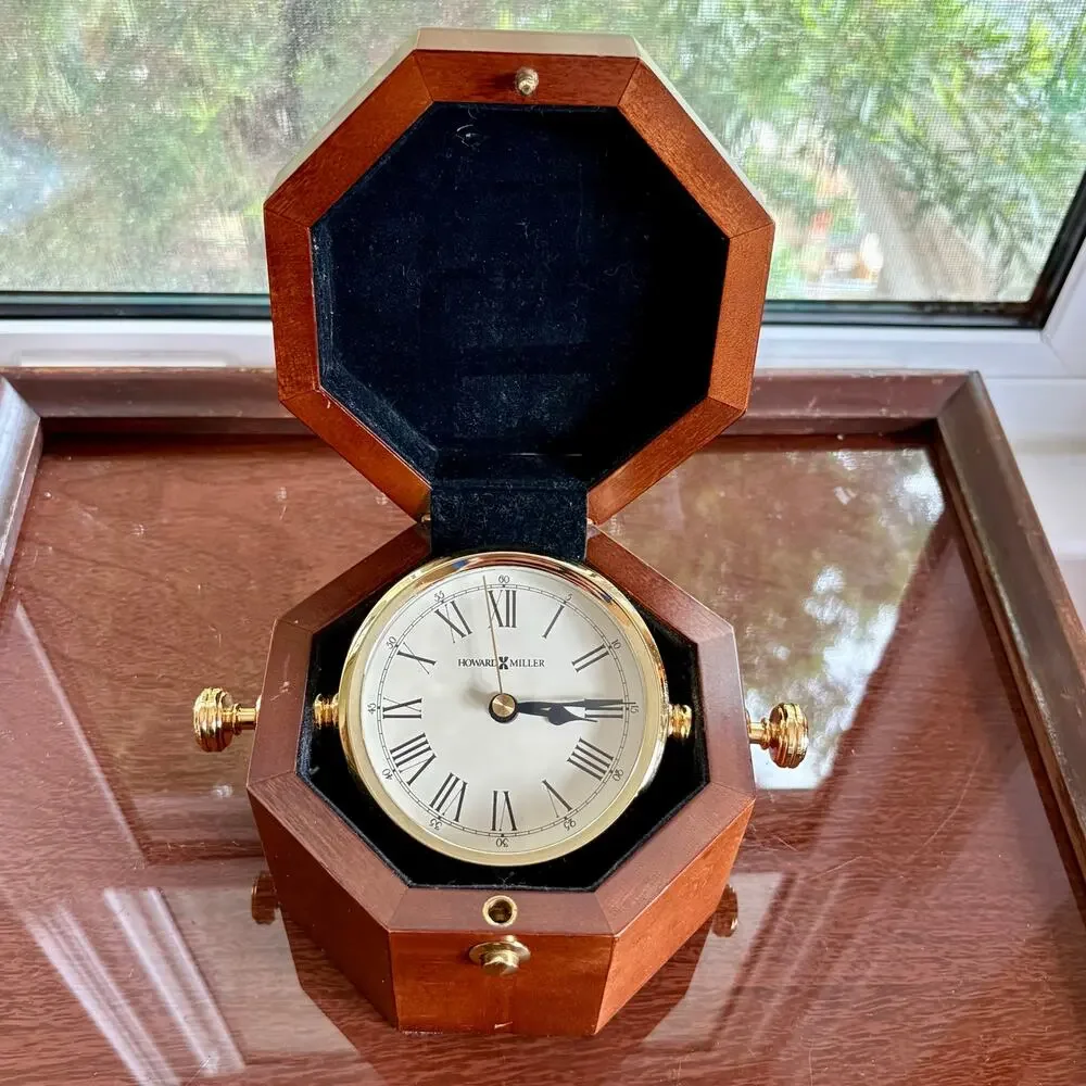 Vintage Howard Miller Hinged Wood Desk Clock Rotating Brass Roman Numeral